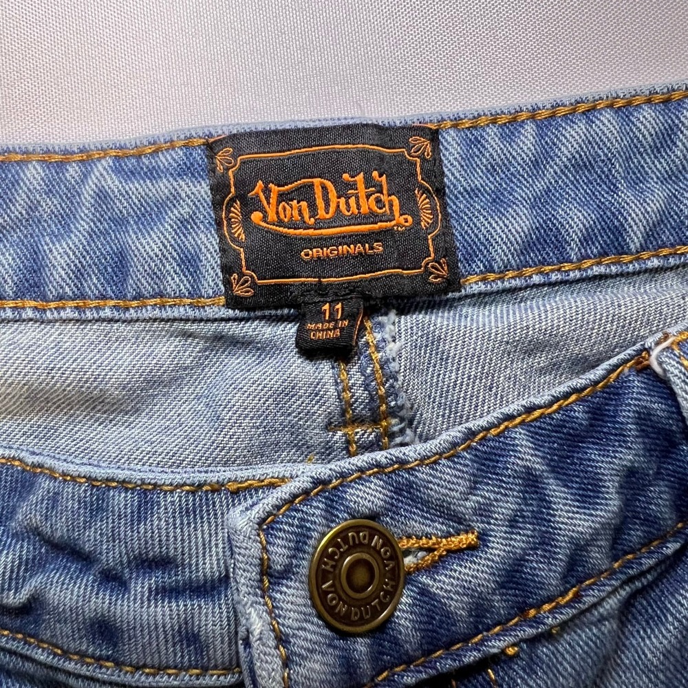 Von Dutch Wide Leg Jeans Womens 13 Blue Medium Wash Y2K Baggy Logo Patch Graphic - Picture 4 of 16